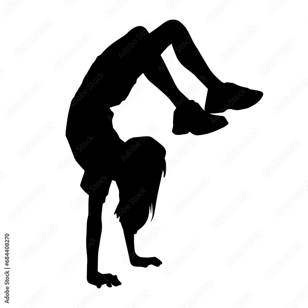 Silhouette of a sporty female doing aerobics or gymnastic action pose. Silhouette of a woman in gym doing acrobatic pose. Silhouette of a sporty female doing aerobics or gymnastic action pose. Silhouette of a woman in gym doing acrobatic pose.