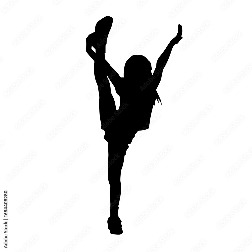 Silhouette of a sporty female doing aerobics or gymnastic action pose. Silhouette of a woman in gym doing acrobatic pose.