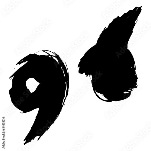 Commas, quotes or numbers 96 brush stroke black vector icon. Hand drawn grunge style isolated element photo