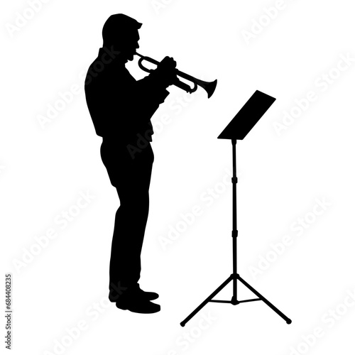 Silhouette of a male musician playing trumpet musical instrument. 