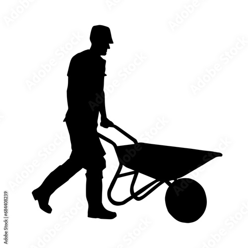 Silhouette of a worker carrying a wheelbarrow tool.
