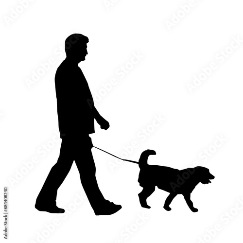 Silhouette of a man taking a walk with his dog pet animal.