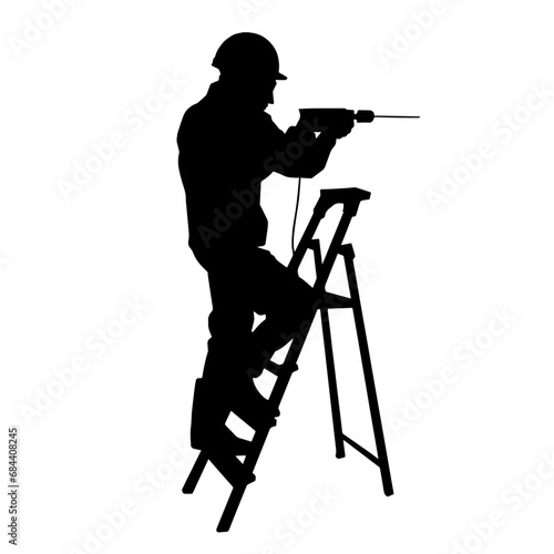 Silhouette of a worker with drill machine. Silhouette of a man working with drill power tool.