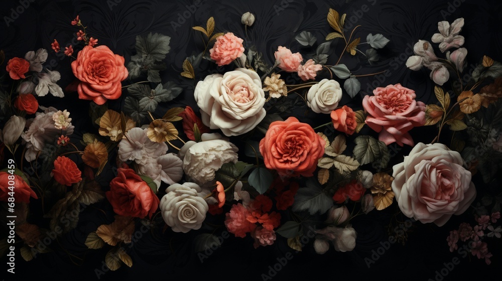 A 3D floral wallpaper design showcasing a symphony of roses in various stages of bloom against a dark backdrop.