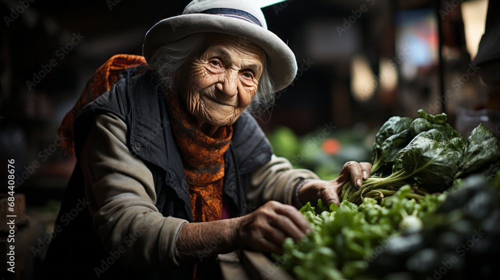 old woman working in a market selling fruits and vegetables, really enjoying her work, grandmother enjoying her business old woman working in a market selling fruits and vegetables, really enjoying her work, grandmother enjoying her business