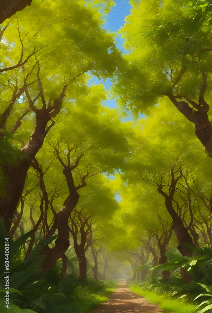 Fototapeta premium A vibrant, sun-drenched bosque with a canopy of lush foliage.