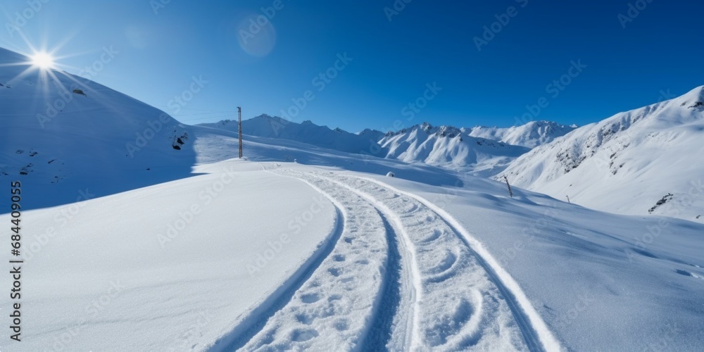 Snowy mountain landscape with ski and snowboard tracks