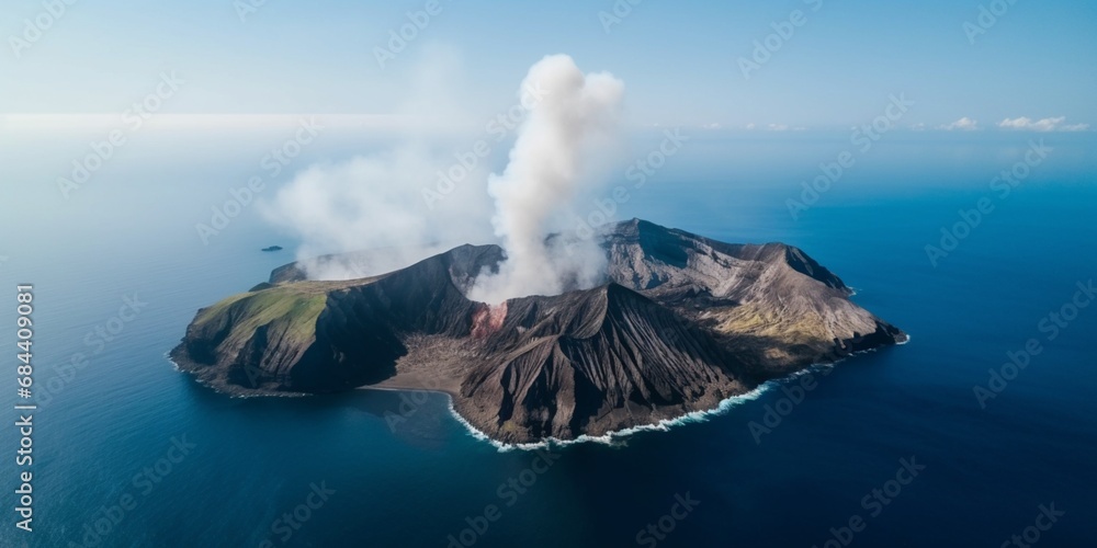 Aerial view of a volcanic island with active eruption - obrazy, fototapety, plakaty 