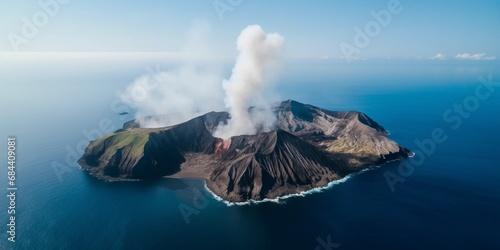 Aerial view of a volcanic island with active eruption