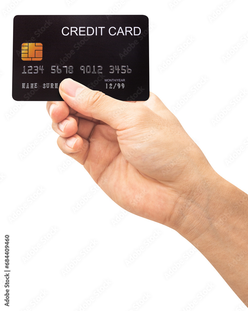 The man's hand holds black credit card isolated on white background. The man's hand holds black credit card isolated on white background.