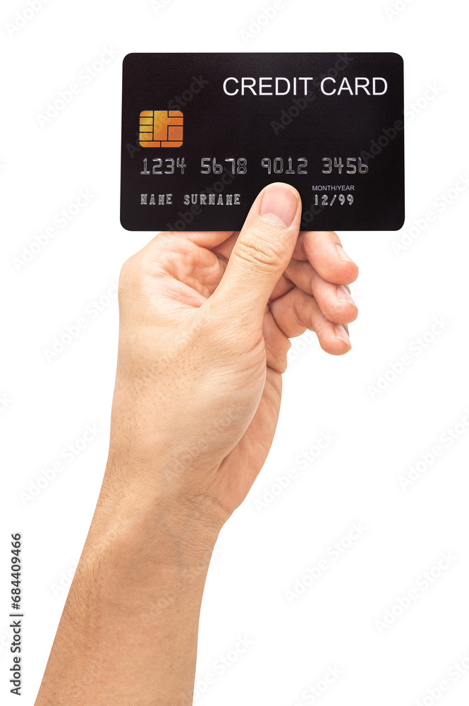 The man's hand holds black credit card isolated on white background. The man's hand holds black credit card isolated on white background.