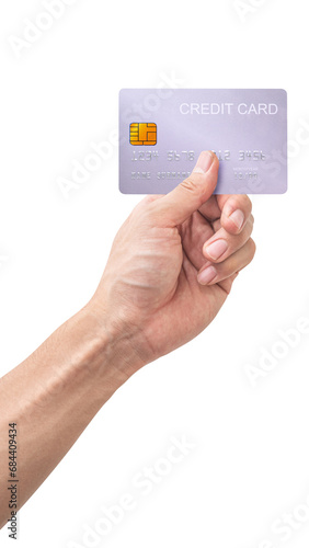 The man's hand holds silver platinum credit card isolated on white background.