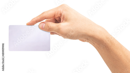 The man's hand holds a silver platinum card isolated on white background. photo