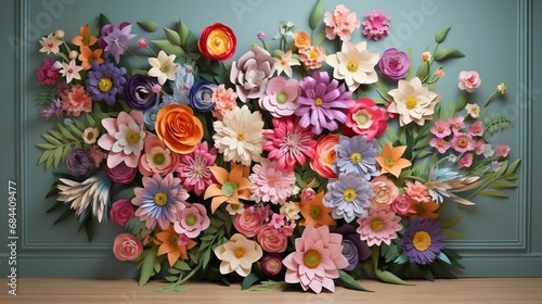 A 3D flower wall mural highlighting a bouquet of wildflowers, each petal and leaf intricately detailed.