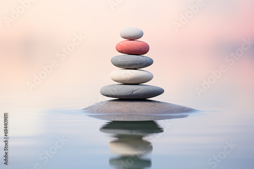Stack of zen stones on water with a nature background. The image conveys a sense of balance  harmony  and peace. Suitable for use in wellness  therapy  and relaxation concepts