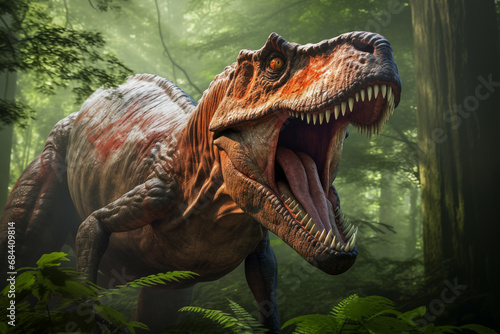 Tyrannosaur rex roaring in a prehistoric forest with lush vegetation, ferns and sunlight © Dmitry Rukhlenko