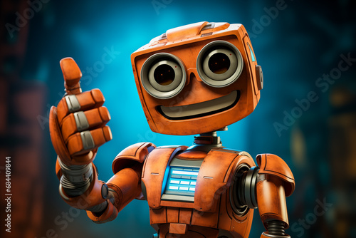 Orange robot showing a thumbs up gesture. The friendly robot has big round eyes and a friendly smile. Concept of artificial intelligence technology approval agreement, success, friendliness