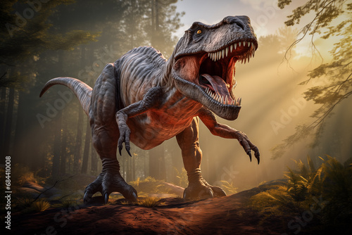 Tyrannosaur rex roaring in a prehistoric forest with lush vegetation  ferns and sunlight