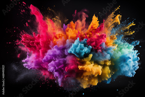 Holi background - vibrant and colorful powder smoke explosion on black background