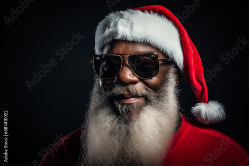 Modern black Santa Claus in Santa hat with sunglasses and long white beard, smiling while looking at camera against dark background. Festive and cheerful spirit of the holiday season © Dmitry Rukhlenko