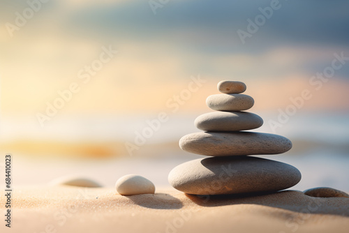 Zen stones stack on sand waves in a minimalist setting for balance and harmony. Balance  harmony  and peace of mind  wellness  meditation  and spirituality concept