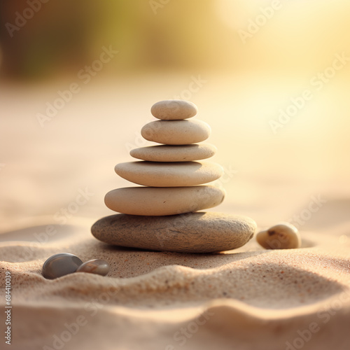 Zen stones stack on sand waves in a minimalist setting for balance and harmony. Balance  harmony  and peace of mind  wellness  meditation  and spirituality concept