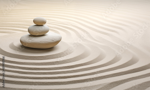 Zen stones stack on raked sand waves in a minimalist setting for balance and harmony. Balance  harmony  and peace of mind  wellness  meditation  and spirituality concept