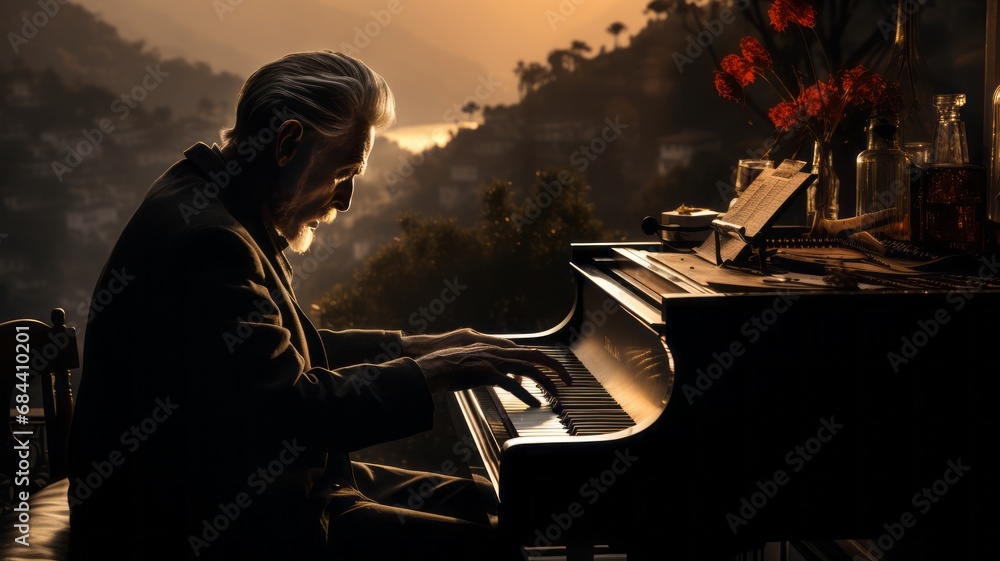 old man playing the piano calmly enjoying the sunset