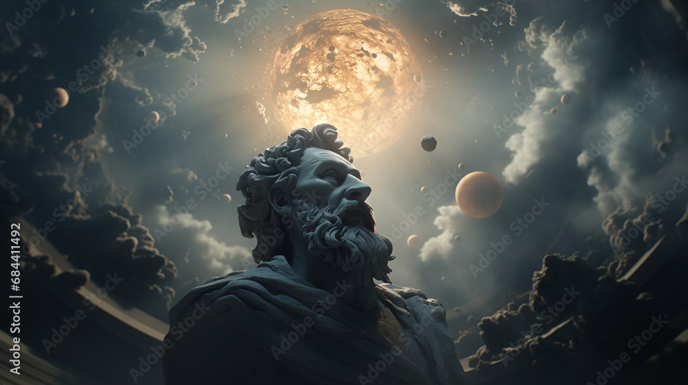 Statue of a bearded philosopher gazing at the cosmos, symbolizing scientific thought, rationality, philosophy, and astronomy. Epic scene with the sun and planets expanding behind the Greek sculpture - obrazy, fototapety, plakaty 