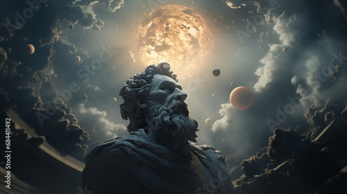 Statue of a bearded philosopher gazing at the cosmos, symbolizing scientific thought, rationality, philosophy, and astronomy. Epic scene with the sun and planets expanding behind the Greek sculpture