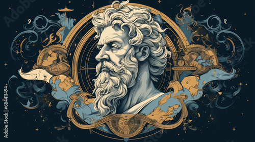 Illustration of a philosopher with beards, symbols, and ornaments to represent wisdom, thought, reasoning, and knowledge photo