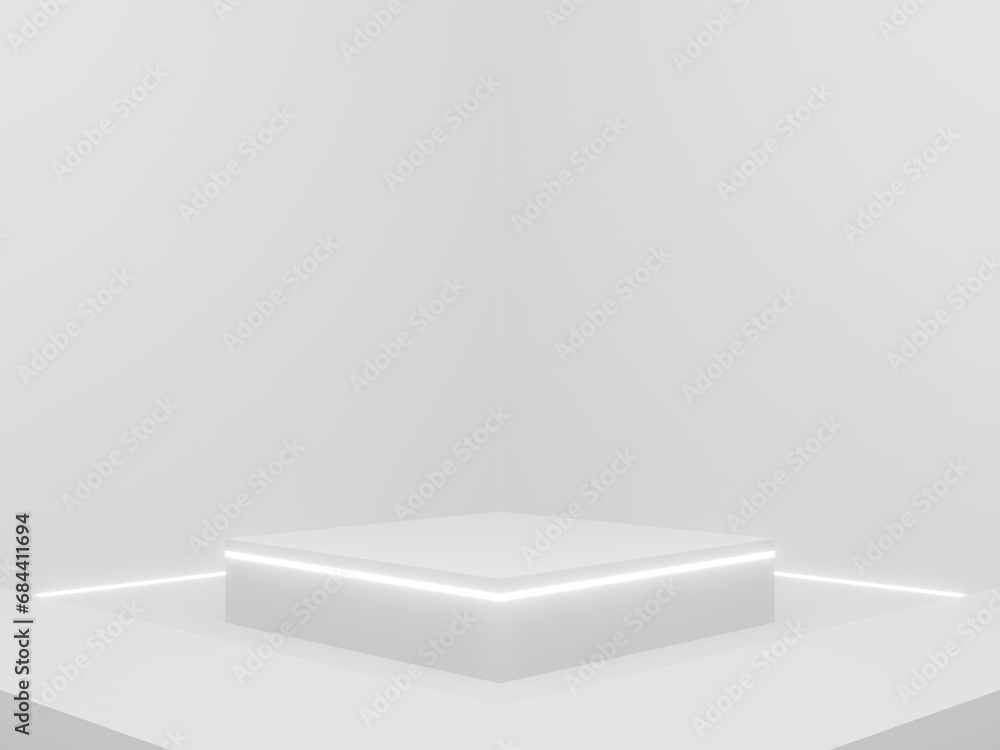 Scientific background with white neon lights. White podium. Scientific background with white neon lights. White podium.