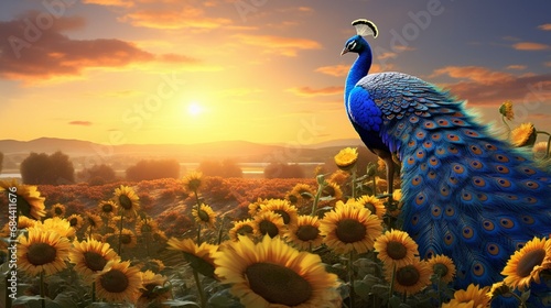 A captivating 3D scene featuring a majestic blue peacock amidst a field of blooming sunflowers in the golden light of dawn.