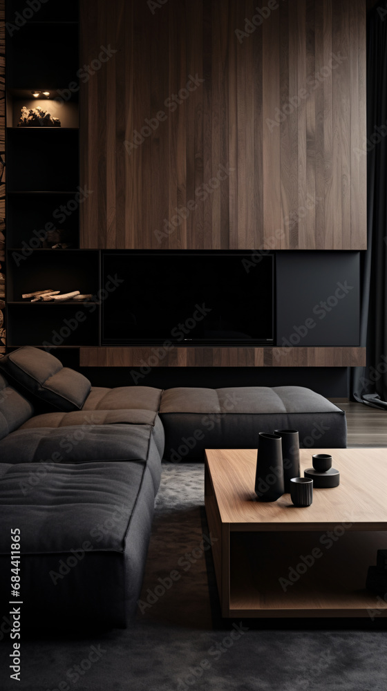 Living room in minimalist style. Bright or dark colors. Stone, or wood furniture. Modern interior design. Luxury saloon interior. created with Generative AI Living room in minimalist style. Bright or dark colors. Stone, or wood furniture. Modern interior design. Luxury saloon interior. created with Generative AI