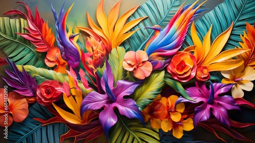 A close-up of a 3D wall adorned with a tapestry of exotic bird-of-paradise flowers, their vibrant colors striking.