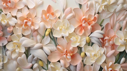A close-up of a 3D floral wall mural capturing the delicate beauty of blooming freesias in soft pastel tones. photo