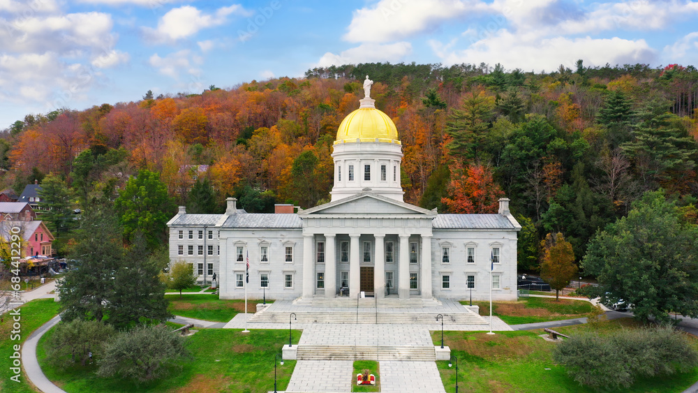Aerial view of Vermont State House, in Montpelier, VT with fall foliage colors. The capitol is the seat of the Vermont General Assembly.