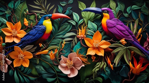 A close-up of a 3D wall adorned with a tapestry of exotic bird-of-paradise flowers, their vibrant colors striking.