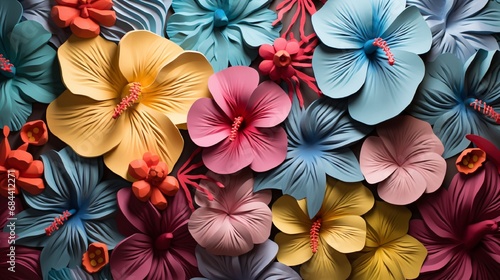 A close-up of a 3D wall adorned with a tapestry of colorful hibiscus flowers, their intricate details mesmerizing.
