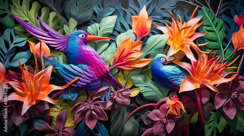 A close-up of a 3D wall adorned with a tapestry of exotic bird-of-paradise flowers, their vibrant colors striking. © Ghulam