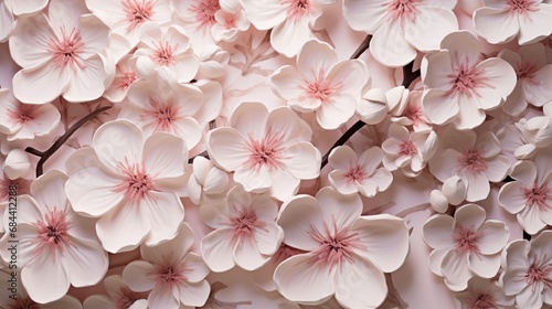 A close-up of a 3D wall covered in cherry blossom flowers, with delicate petals seeming almost lifelike in their detail.