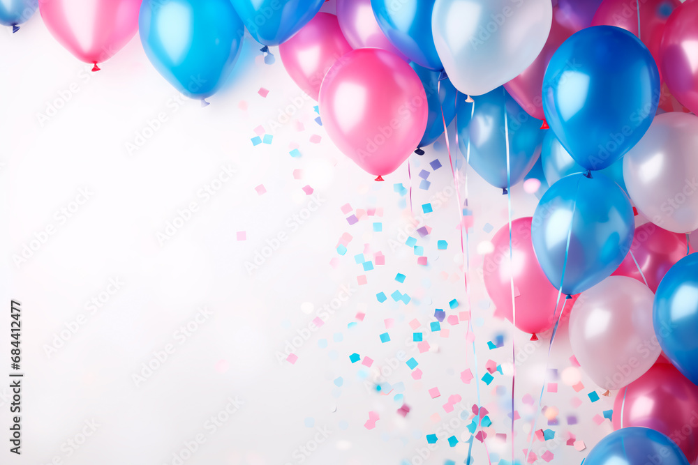 Banner with a celebration theme: Sweet pink and blue balloons, confetti, and streamers on a light background, providing space for copy.
Banner with a celebration theme: Sweet pink and blue balloons, confetti, and streamers on a light background, providing space for copy.