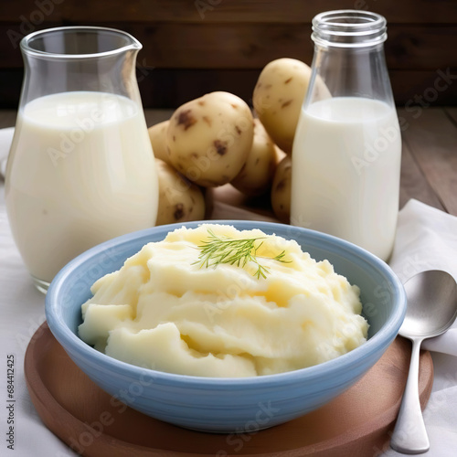 Puré de patatas en un bol junto a una jarra y una botella ambas con leche y a su lado unas patatas sin pelar photo