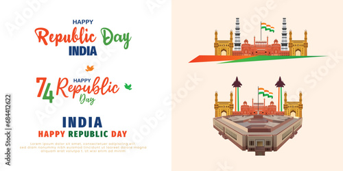 Happy republic day font white background with red fort sketch or flage element design vector file photo