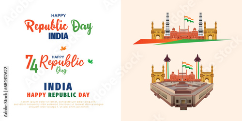 Happy republic day font white background with red fort sketch or flage element design vector file