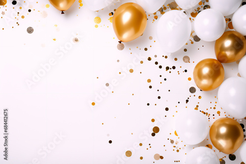 Top view of a festive layout featuring white and golden balloons, confetti, and a birthday celebration theme. White background adds to the festive atmosphere.