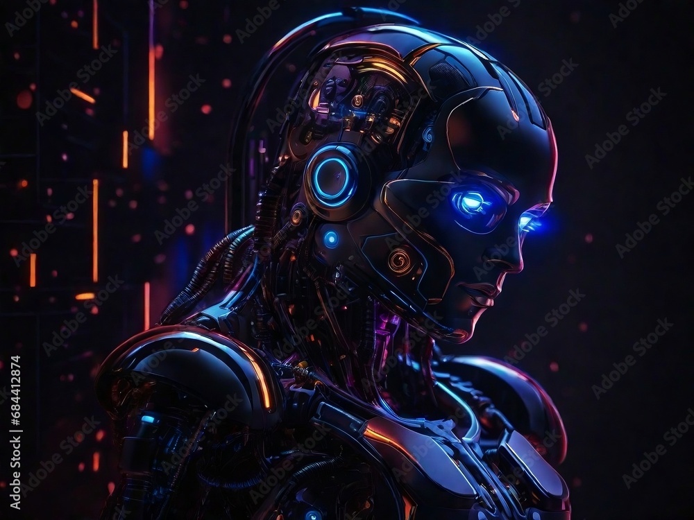 An image of a futuristic black robot with high-tech marvel, perfect for tech enthusiasts craving for future technology, cutting-edge robotics. Future AI robots with high technology.