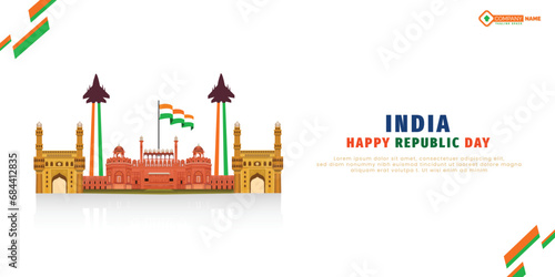 Happy republic day white background with red fort sketch banner design vector file photo