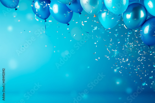 Banner with a celebration theme: Sweet blue balloons, confetti, and streamers create a festive and joyful background.