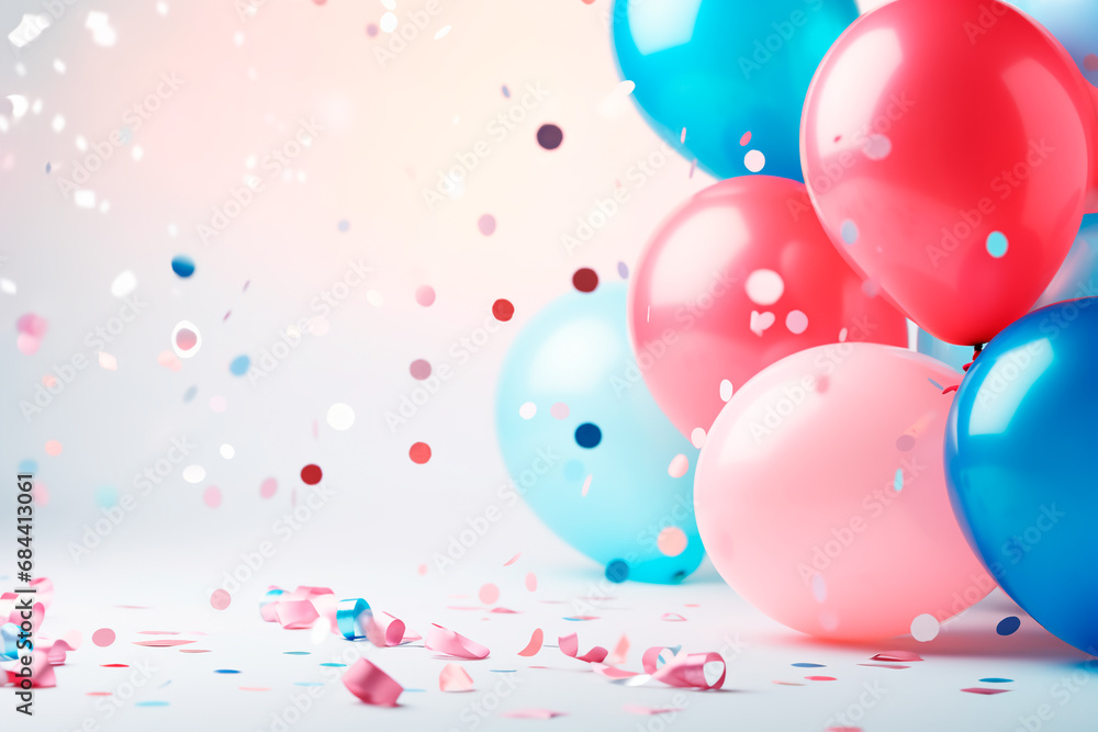 Banner with a celebration theme: Sweet pink and blue balloons, confetti, and streamers on a light background, providing space for copy.

